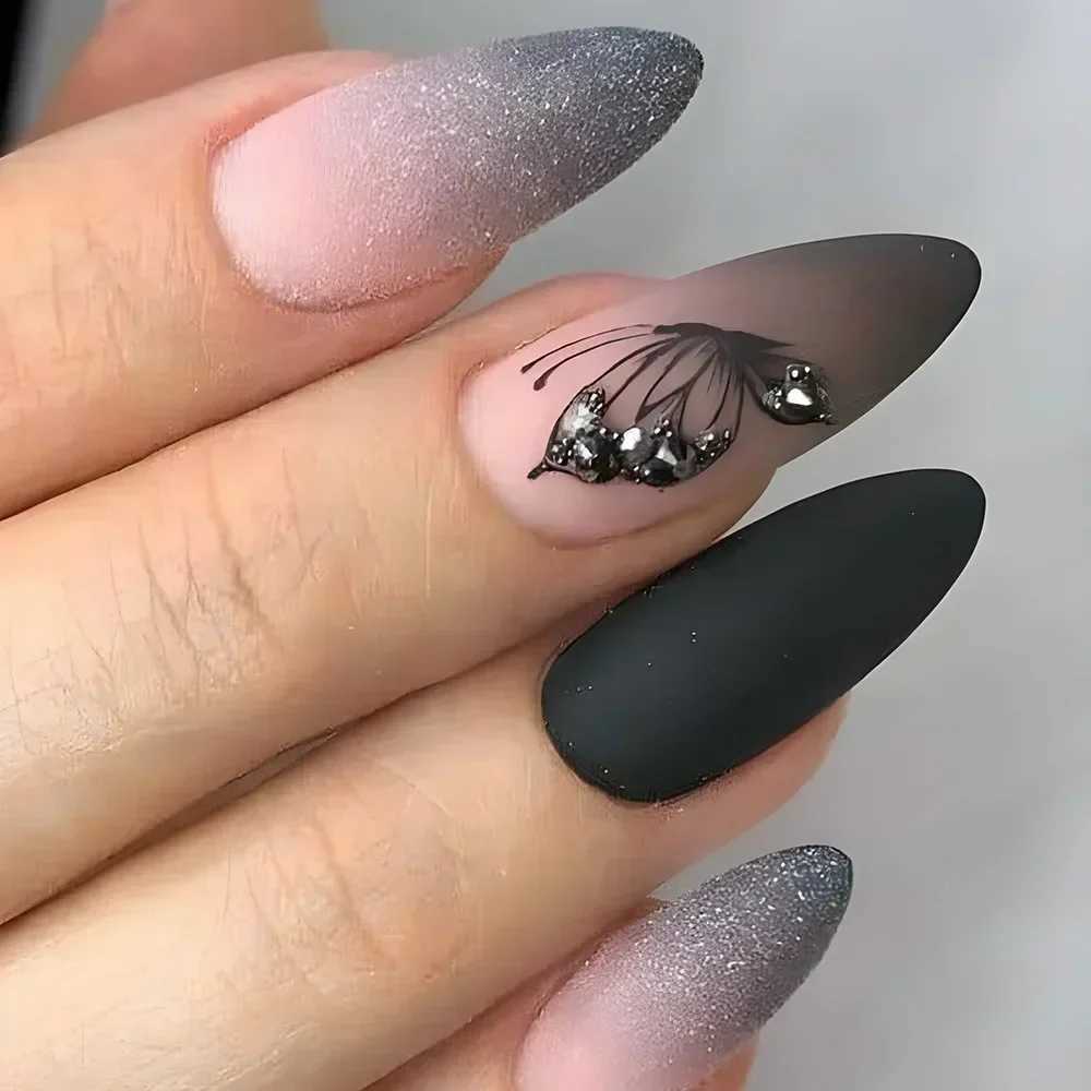 24pcs autumn and winter matte almond fake nails with adhesive rose leaf printing nail art simple full cover press on acrylic nail tips W250410