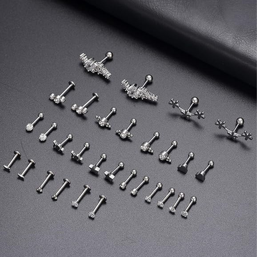 30Pcs Cartilage CZ Stud Earrings Conch Forward Helix Tragus Daith Piercing Lip Rings Heart Butterfly Jewelry for Women Men 16G Silver Tone