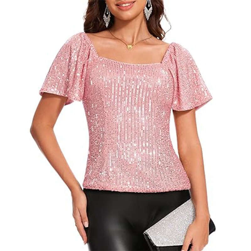 2025 Women's Square Neck Short Sequin Puff Sleeve Fashion Versatile Shirt blouse woman WOMENS PLUS SIZE SHIRTS
