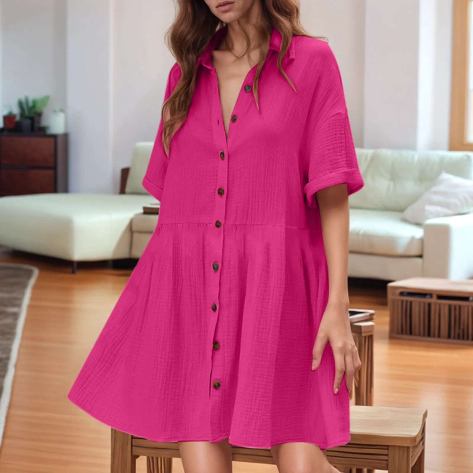 Dongdumaoyi Women S Solid Color Shirt Collar Short Sleeved Cardigan Button Dress Sundress Summer Midi Dresses For
