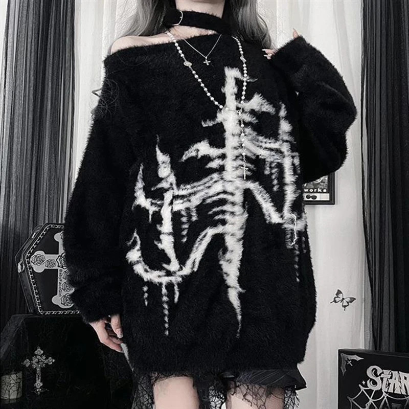 Dark Punk Sweater Women Harajuku Y2K Long Sleeve Knit Pullover Black Gothic Street Loose Top American Vintage Lazy Knitwear 251105