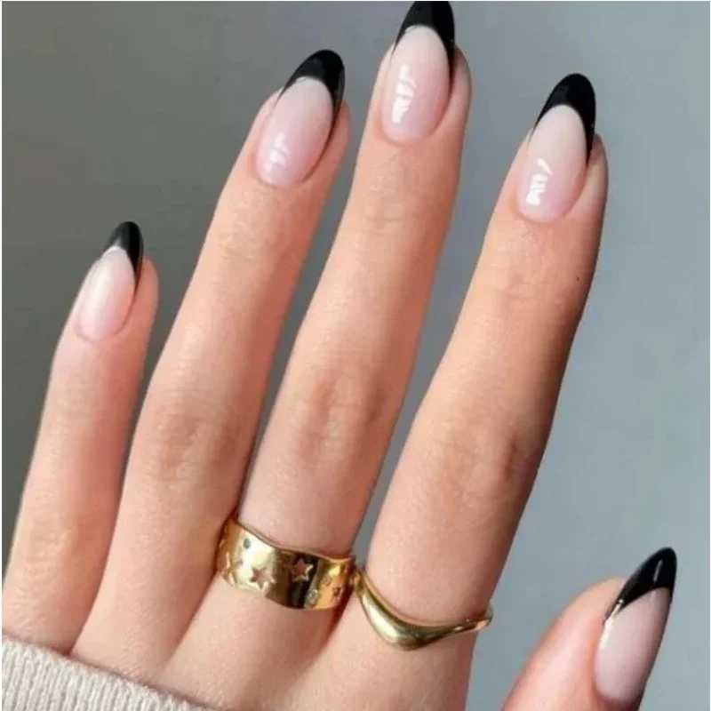 24 pieces/set of black French style fake nails with detachable almond shaped corner braces and perforated fake nails W250410