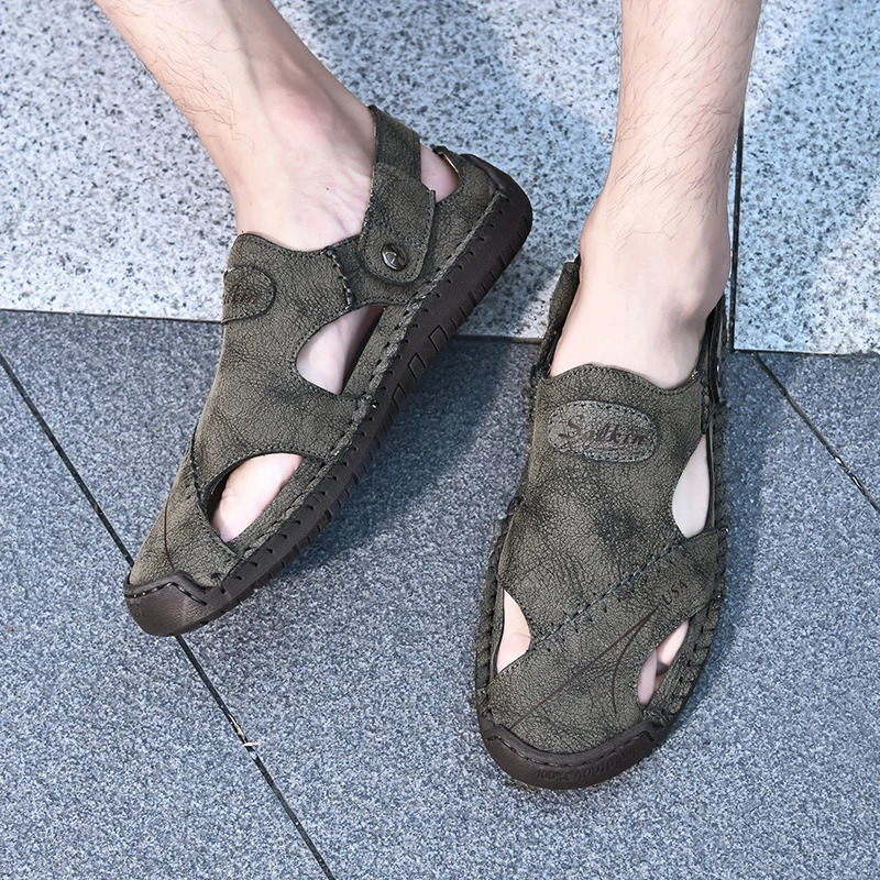 handmade summer sandals mens breathable leather shoes mens outdoor mens sandals anti slip beach sandals hollow shoes fashionable 250408