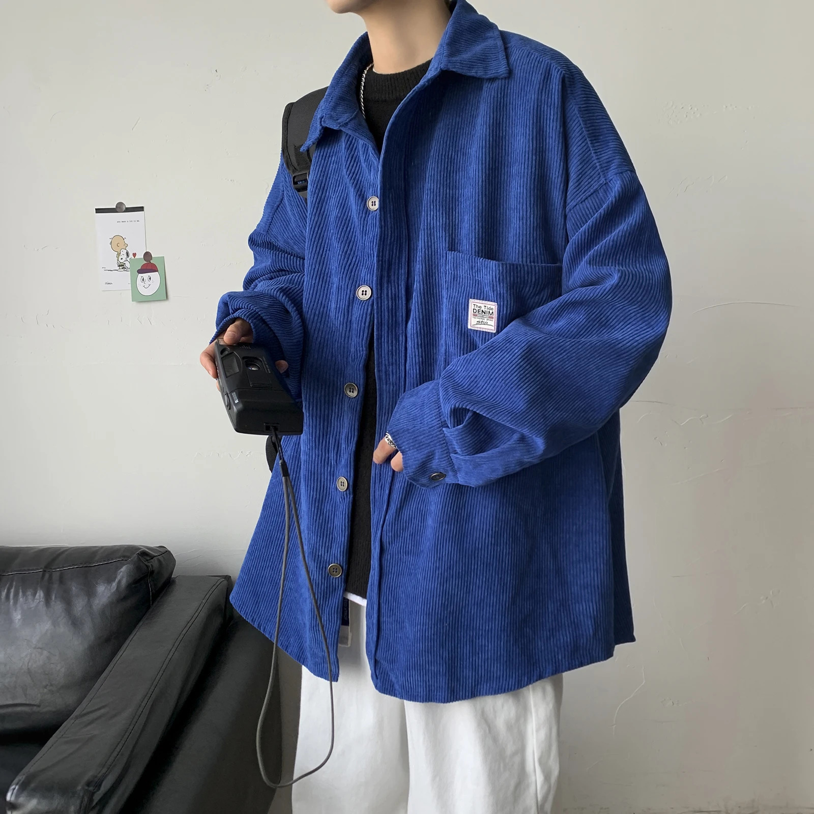Men Corduroy Shirts Harajuku Korean Loose Style Long Sleeve Vintage Streetwear Overshirt M-3XL 250408