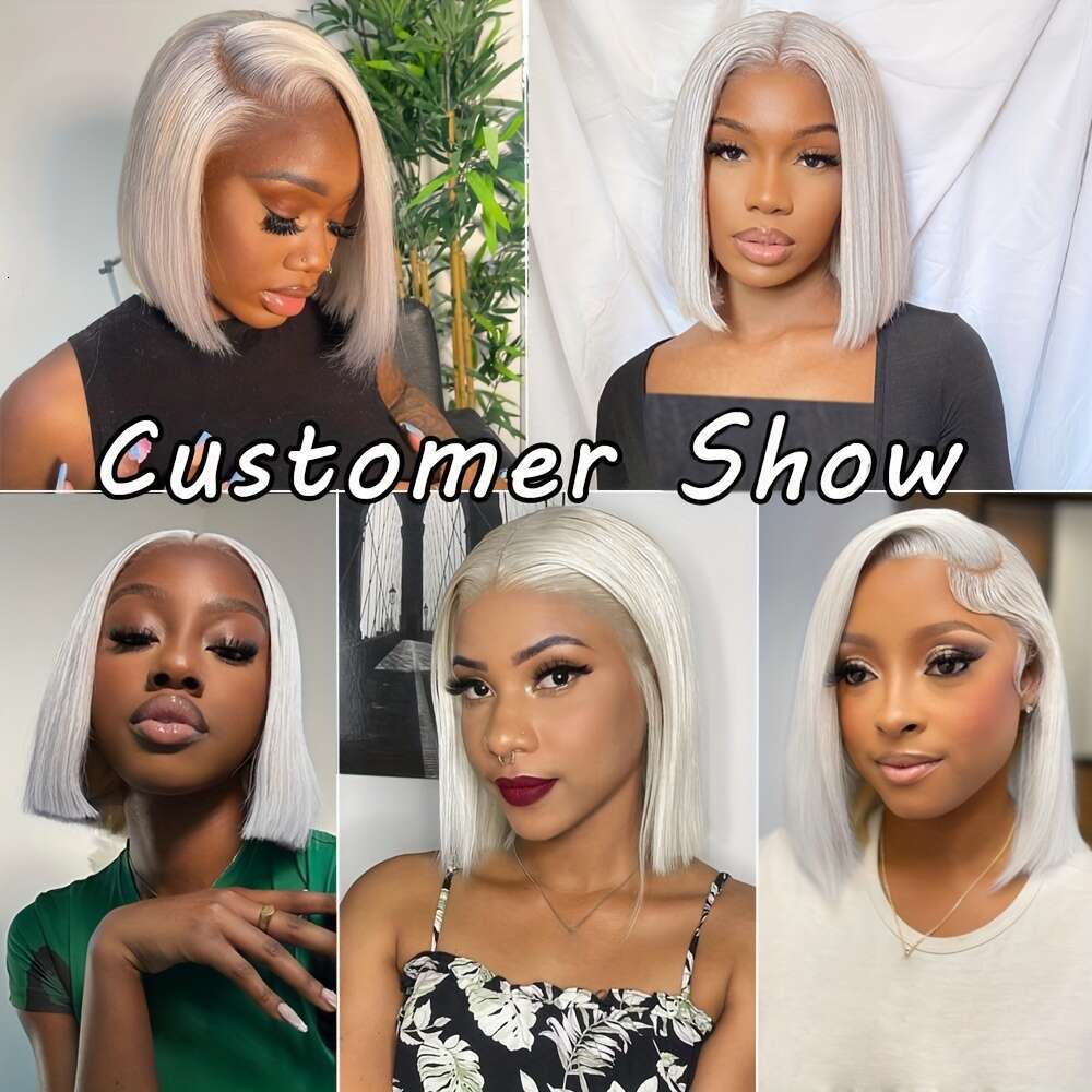 Platinum Ice Blonde Short Bob 100% Human Front Wig Pre Plucked Straight Pixie Cut High Density Elsa White Color Brazilian Remy Hair Lace Frontal Wigs 