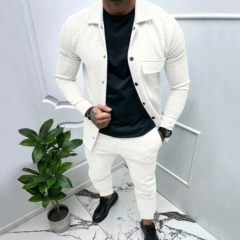 2024 autumn/winter new mens collar solid color long sleeved pants set loose and versatile two-piece set
