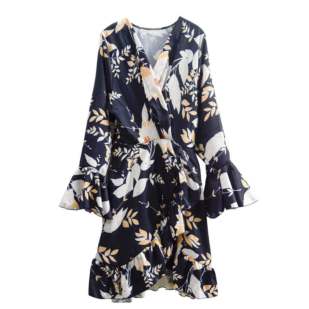 Sexy Women's Beach Skirt Deep V Print Tunic Slim Fit Long Sleeve Mini Dress