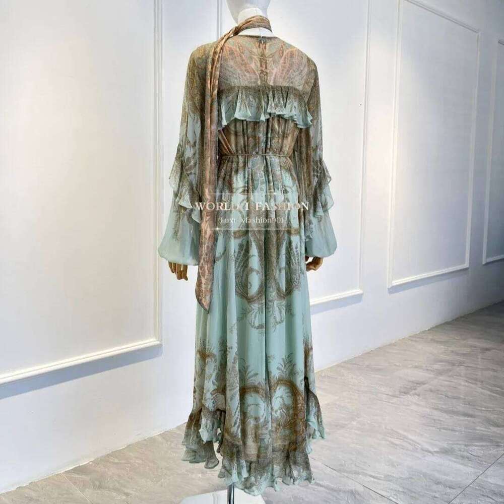 2026 Autumn New Women Elegant Suit Mint Green Paisley Print Ruffles Long Sleeve Midi Dress Hot Sale