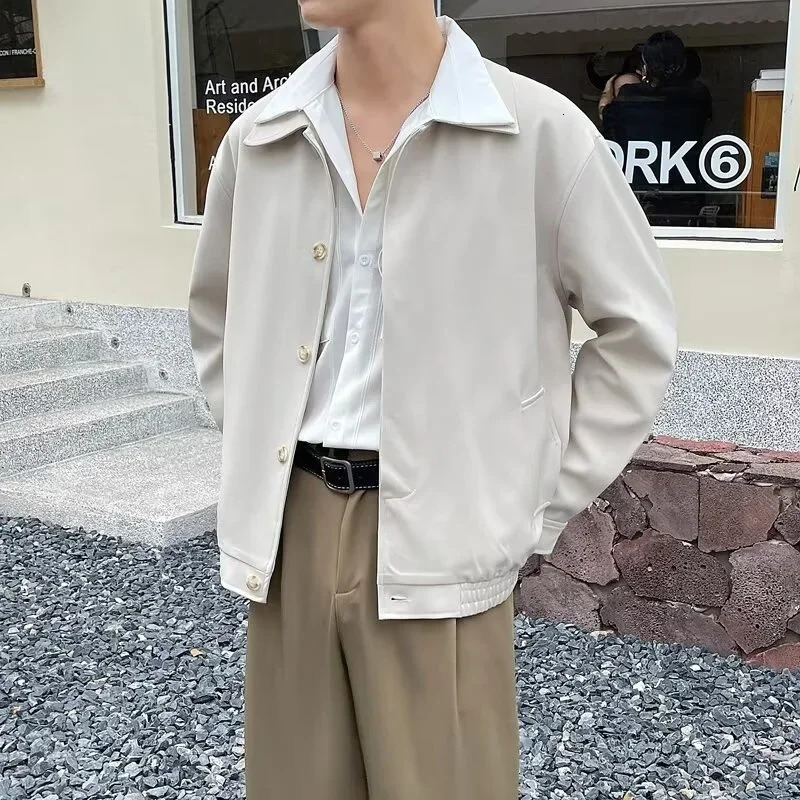 Spring Mens Single Chest Cargo Bomber Jacket Korean Fashion Polo Collar Solid Jacket Retro Street Jacket 250410
