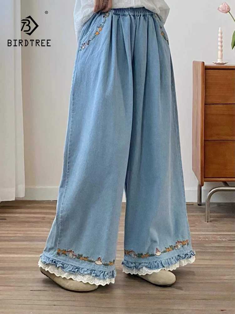 New 2025 Fall Cotton Denim Trousers Women Elastic Waist Embroidery Ruffles Mori Girl French Retro Chic Wide Leg Jeans B59422CC C251110