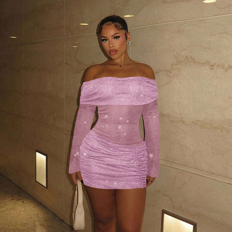 Women's Fashion Spring Summer SEXY DRESSES FOR WOMEN Hot Girl Temperament Off-Shoulder Semi-Sheer Shiny Bodycon Night club maxi dress