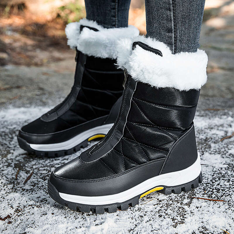 Warm Waterproof Snow Boots for Women, Fleece-Lined Thickened with Front Zipper, Northeastern Cotton Boots, Women's Winter Outdoor Shoes