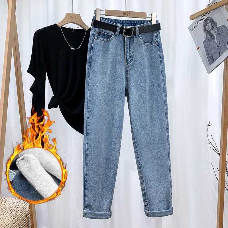 Fleece Thick Warm Straight Leg Jeans Womens New Autumn and Winter Fashion Loose High-waisted Harlan Jeans Casual Daddy Pants C251110