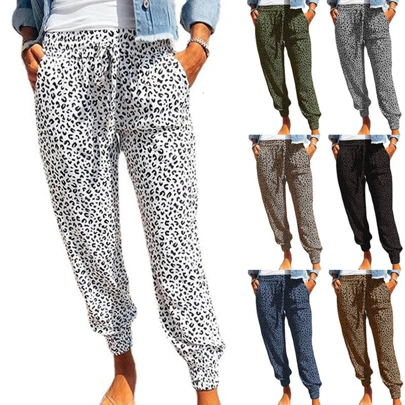 Summer European and American Womens Leggings Loose Leopard Print Lace Up Casual Pants 250409