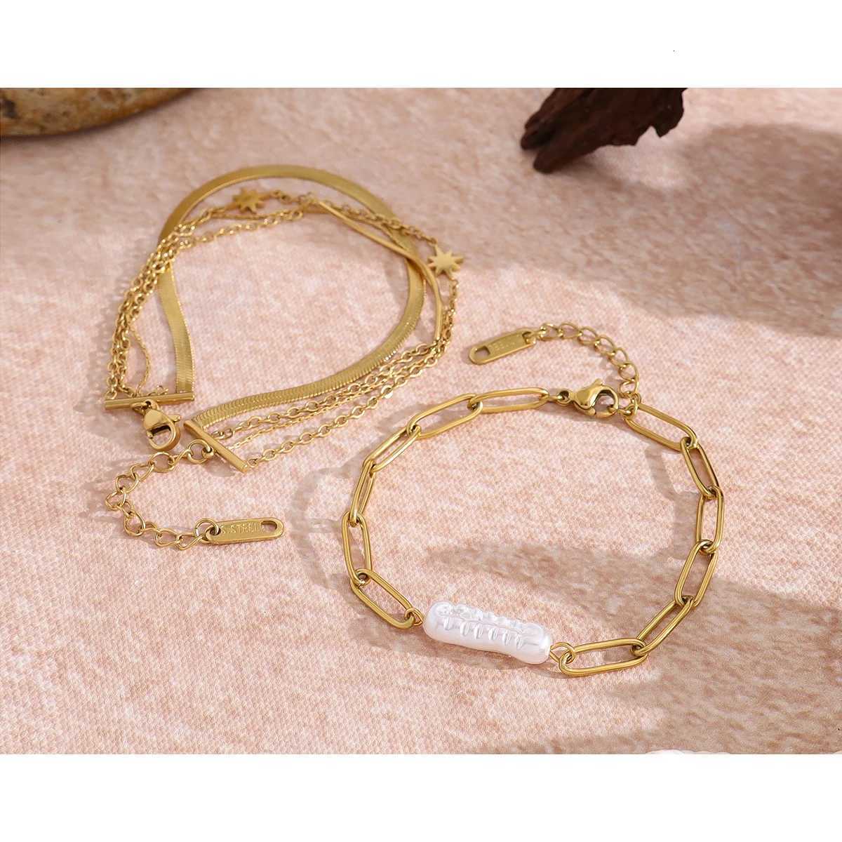 YACHAN Stainless Steel Layered Bracelet for Women Irregular Baroque Pearl 18K Gold Plated Trendy Waterproof JewelryT251110