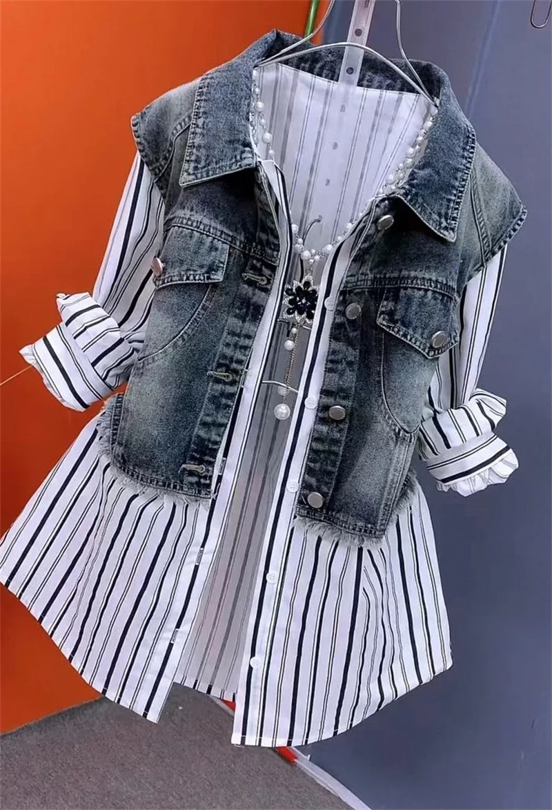 Fashion striped denim jacket for womens spring/summer denim splicing two-piece shirt jacket top W 250409