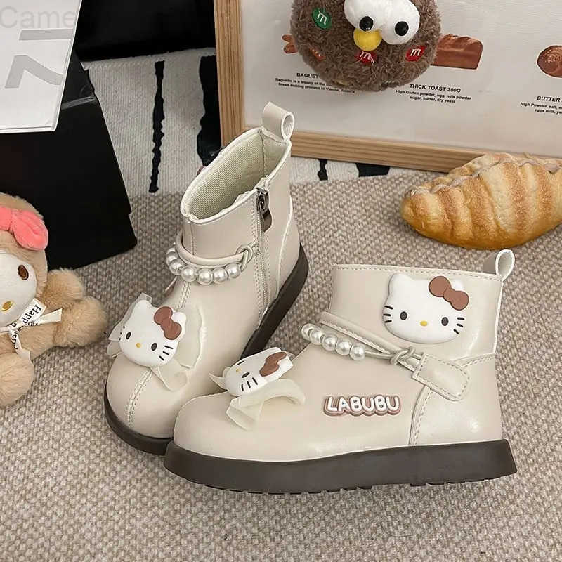 Sanrio Kawaii Hello Kitty Children Cute Cartoon Comfortable Warm Leather Boots Students Waterproof Boots Flat Shoes for Kids H251110