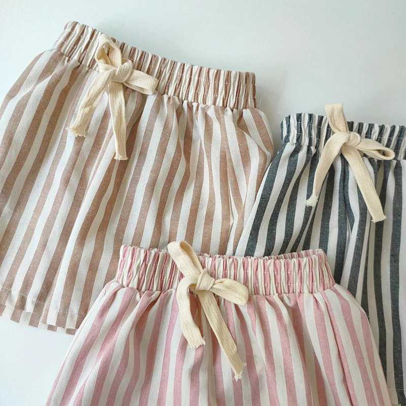 Retro linen cotton striped shorts suitable for boys summer toddlers children girls half pants casual childrens clothing Z250410