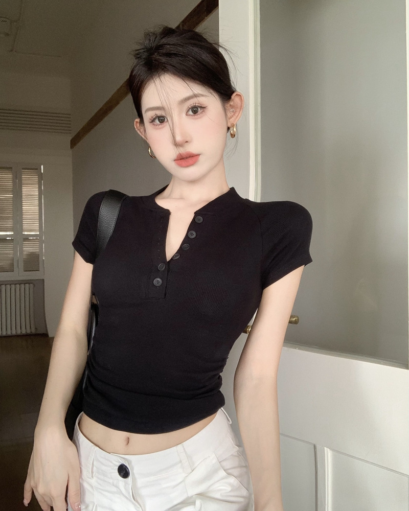2025S Designer Women S T Shirt Summer New American Button Half Open Collar Sleeved T Shirt For Women Slim Fit Folded Short Bottom Shirt Trendy