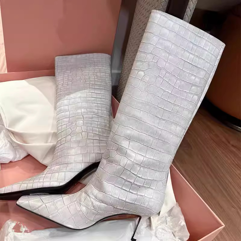 New square high-heeled white crocodile pattern high tube European and American knee high boots designer shoes fashionable snow boots