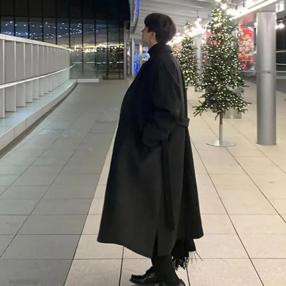 Men Long Woolen Coat Lapel Long Sleeve Windbreaker Pockets Solid Color TwoButton Placket Midlength Outwear 251103