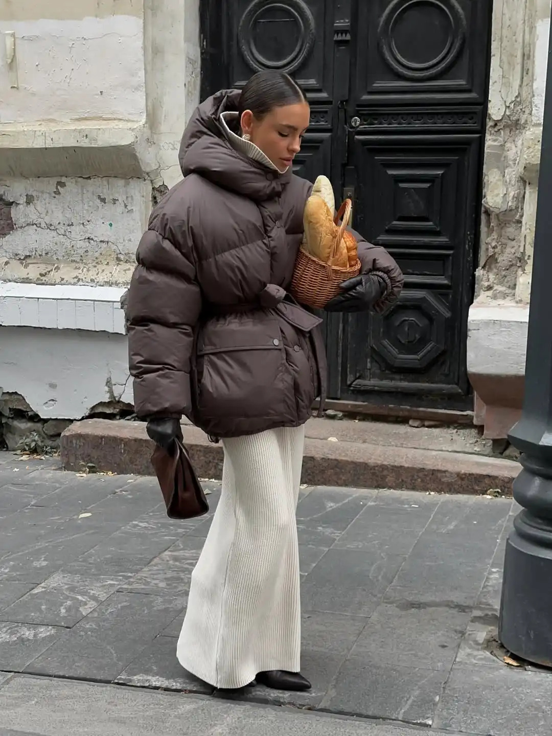 Stand Collar Lace Up Hooded Cotton Coat Women Brown Single Breasted Pocket Loose Warm Outerwear Lady Winter Commute Street Coats 251107