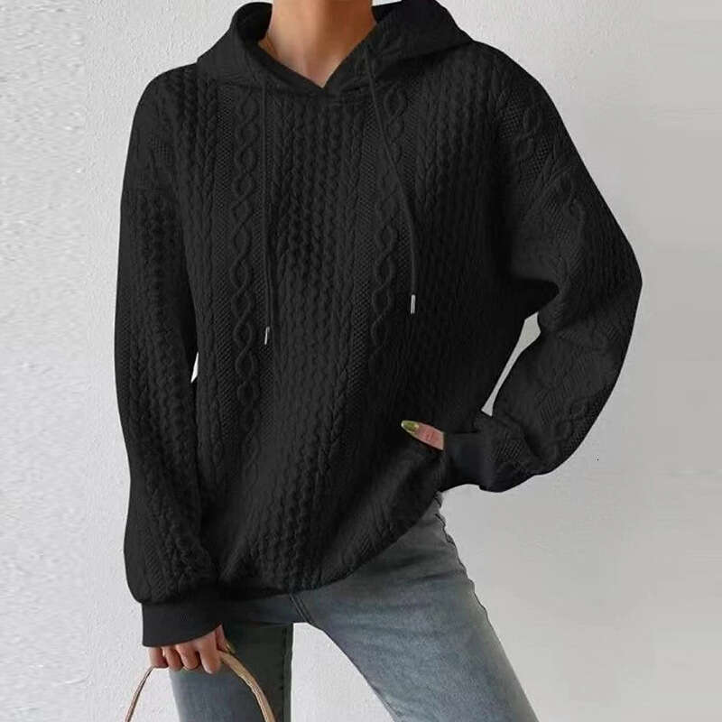 2023 New European and American Style Autumn Plus Size Casual Jacquard Hooded Lace-Up Long Sleeve Knitted Sweatshirt