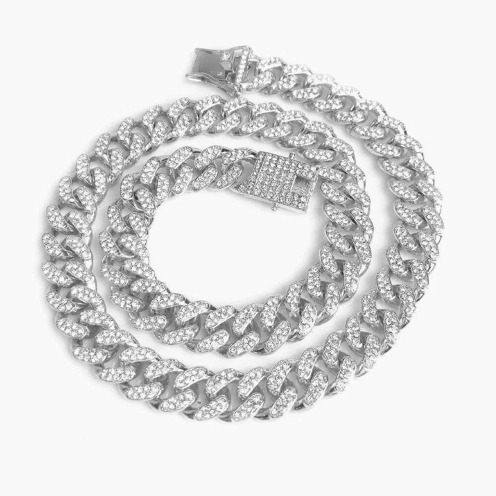 Hip Hop 13MM Prong Cuban Link Chain Necklace Bling Iced Out 2 Row Rhinestone Paved Miami Rhombus Cuban Necklace Men Jewelry