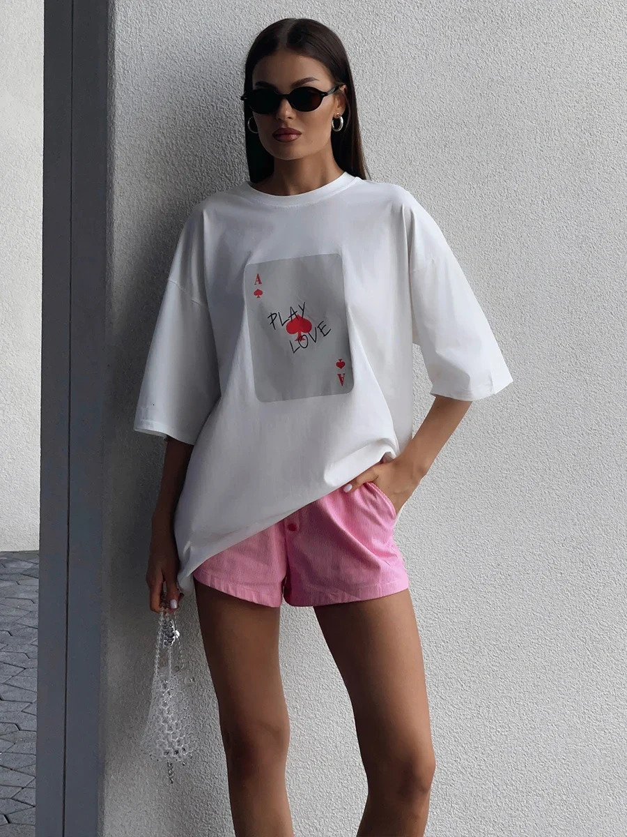 DFCF Poker Card Printed T-shirt for Women 100% Cotton Fashion O-neck Loose Short sleeved Womens Summer Casual Top 250410
