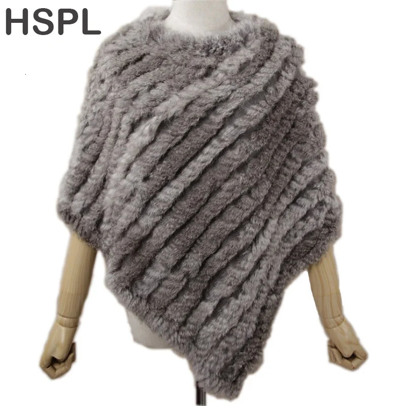 HSPL Fur Poncho Autumn Real Rabbit Triangle Knitted Women Pullover Lady Pashmina Wrap poncho pele de coelho 251110