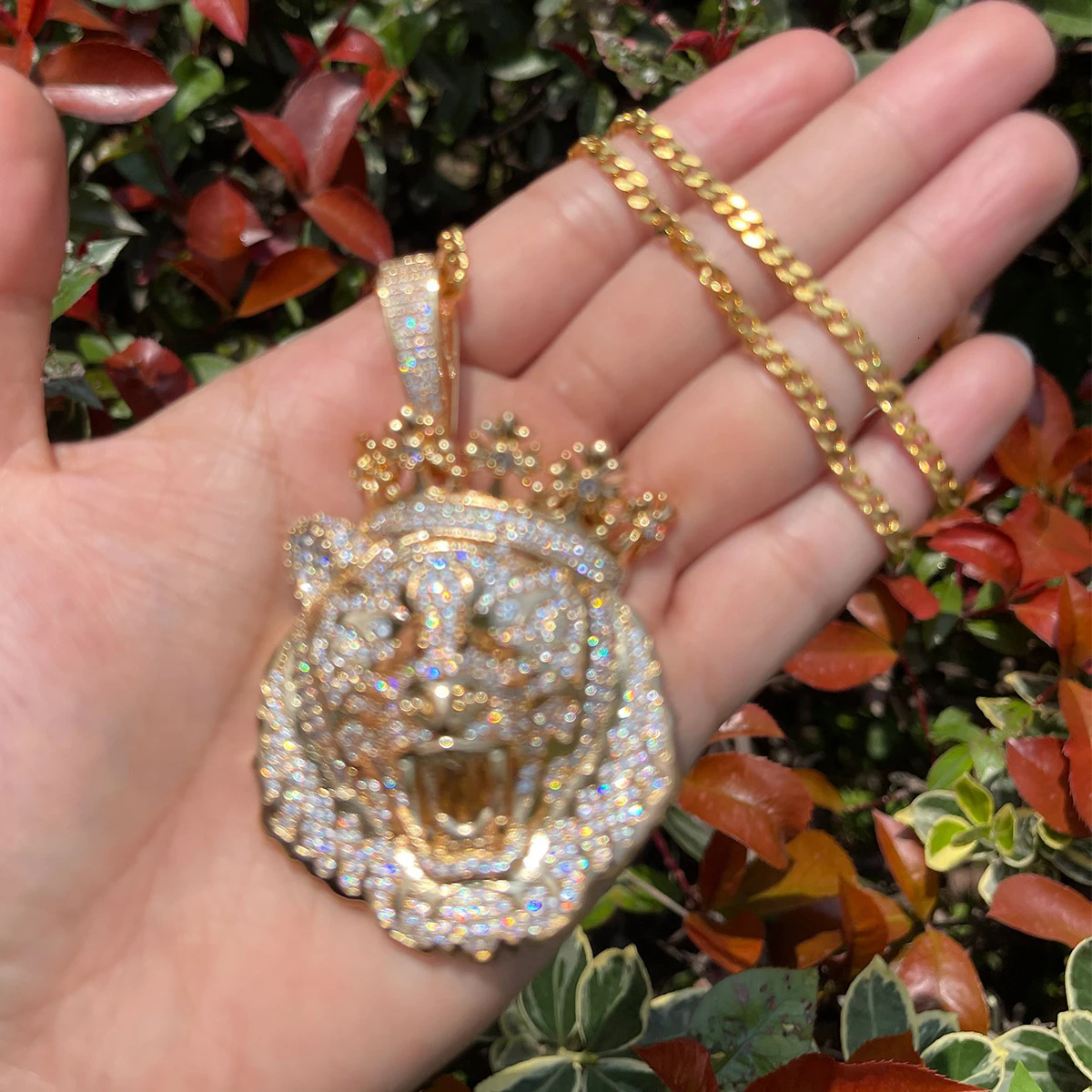 Hip hop Crown Lion Head Pendant Necklace Men 925 silver moissanite Hip Hop Trendy Jewelry
