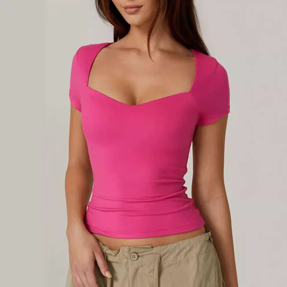 2024 Amazon Cross-Border Women's Heart Neck Short Sleeve T-Shirt Solid Color Slim Fit Basic Fashion Crop Top