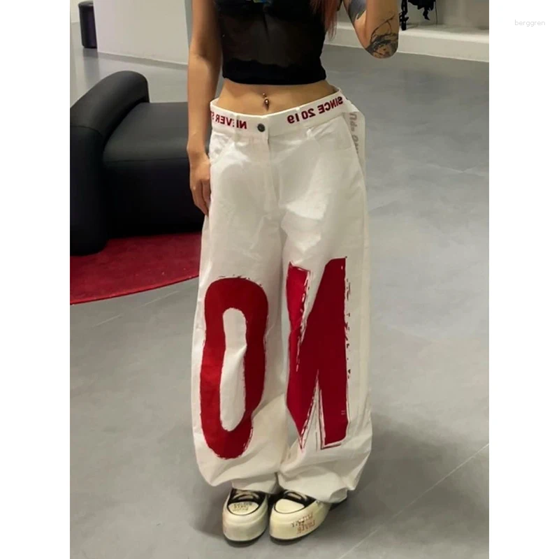 Womens Jeans ZHIZOU Women White Letter Print Y2k Baggy 2000s Style Denim Trouser Harajuku Vintage Oversize Hip Hop Pants Autumn Z260313