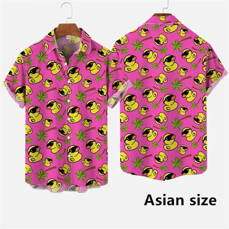 Hawaiian mens 3D printed cartoon cute duck print short sleeved hip-hop summer button up mens shirt X250410