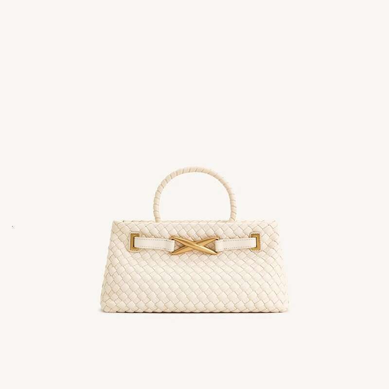 Women Knitted Handheld Handbag With Ic Closure, Golden Tone Hardware White/Black Real Like Texture, Durable Knit Design For, Travel, Shopping