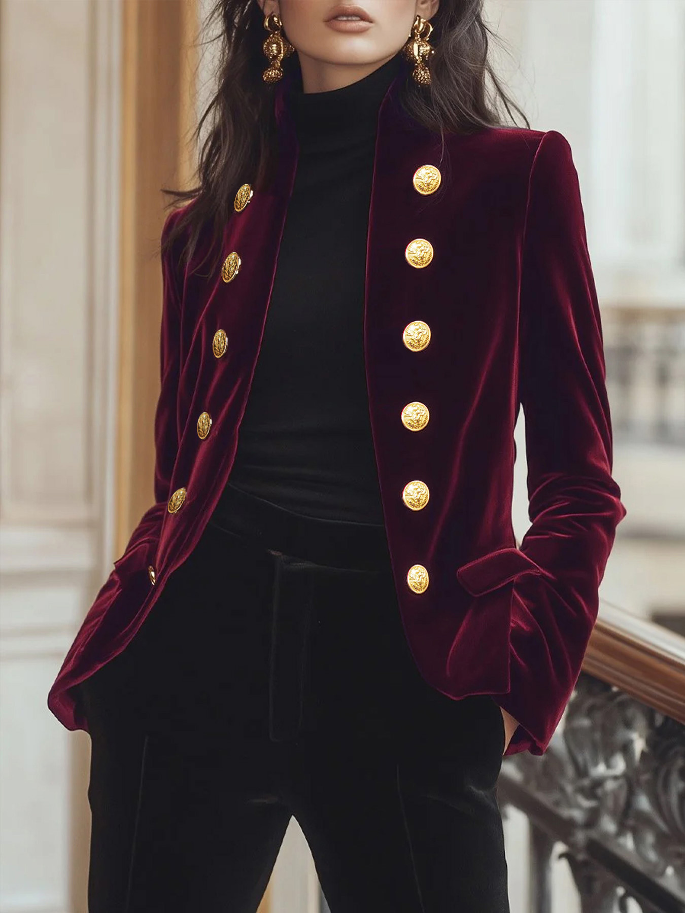 Women's Elegant Velvet Blazer, Metal Double-Breasted Slim Fit Evening Coat, Wine Red---D359