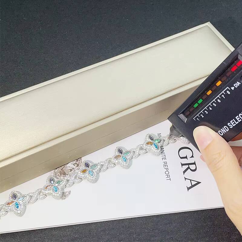 12mm Fancy Colors Moissanite Bracelet Fashion Eye Clover Design 925 Silver Diamond Hip Hop Style for Women Men Fine Jewelry