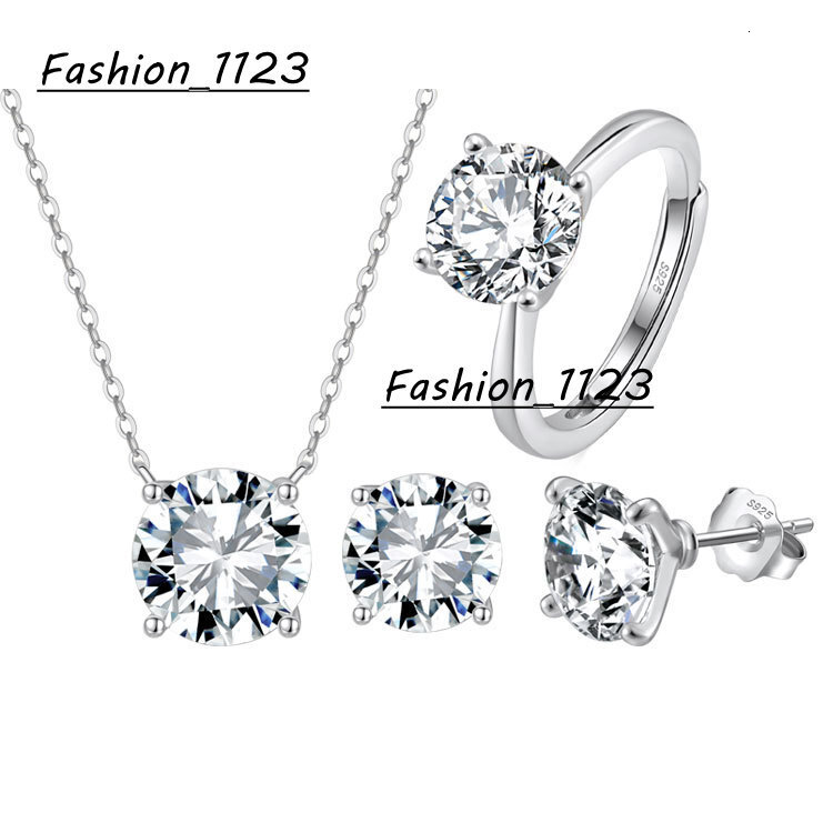 RINNTIN SMO4 Moissanite Wedding Set 925 Silver 4 Prong Setting Round Shape D Color VVS Moissanite Ring Necklace Jewelry Sets