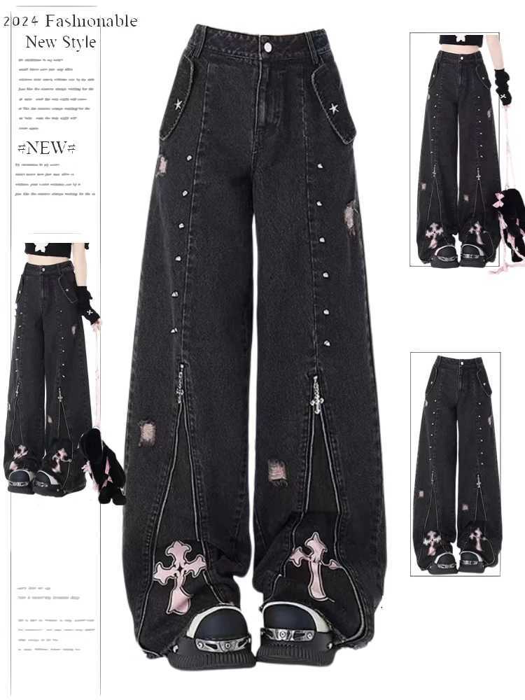 Women Clothing Black Gothic Jeans 90s Aesthetic Y2k Oversize Denim Trousers Vintage Harajuku Korean Emo 2000s Trashy Jean Pants C251110