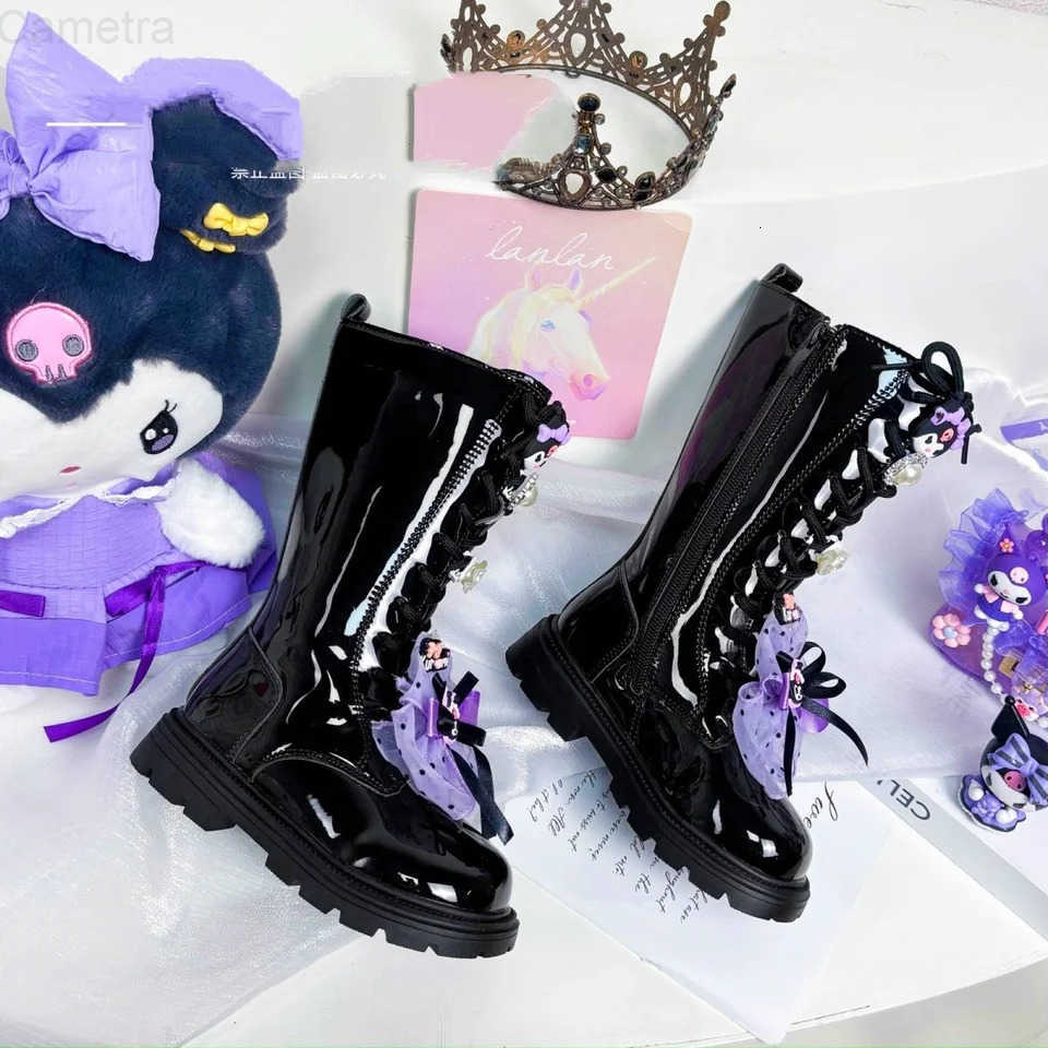Sanrio Kawaii Anime Children Shoes Kuromi Girls Long Leather Boots Winter Kids Fashion Cartoon Soft Soled Casual Cotton Shoes H251110