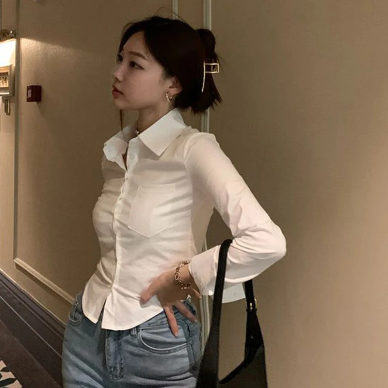 Gidyq elegant womens Korean style shirt fashionable street clothing womens slim fit shirt spring Y2K casual office womens sexy cut top 250409