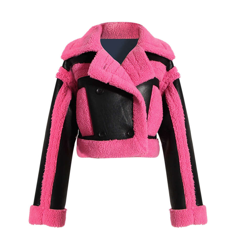 Fashion Fur integrated short jacket women's Lapel Double Breasted Contrast Imitation Leather Patchwork Coat Winter New