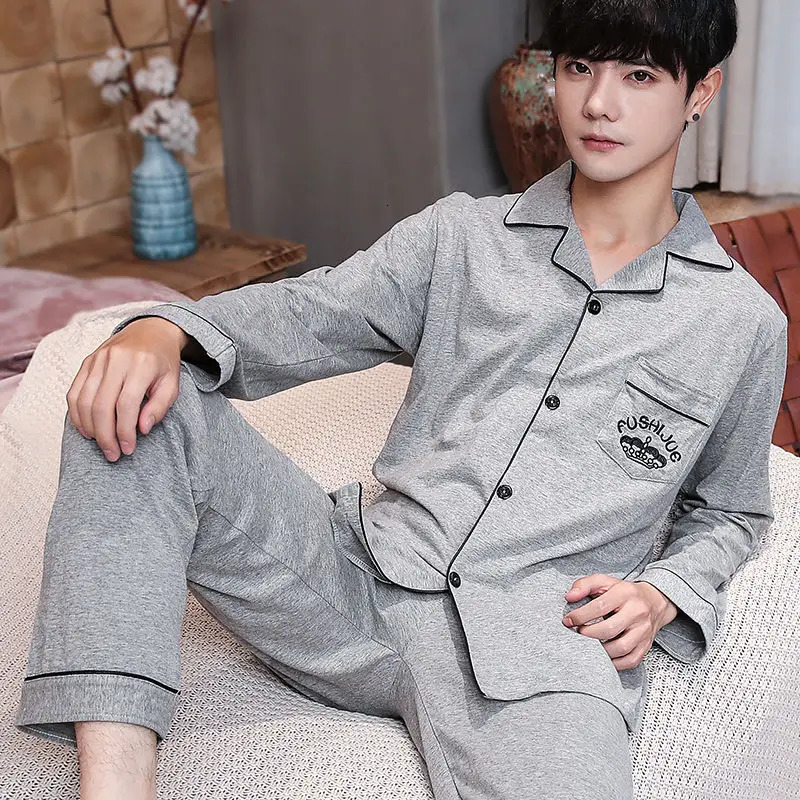 Spring/Summer Cotton Mens Sleepwear Long Sleeve Trouser Sleepwear Youth Leisure Home Set 250410