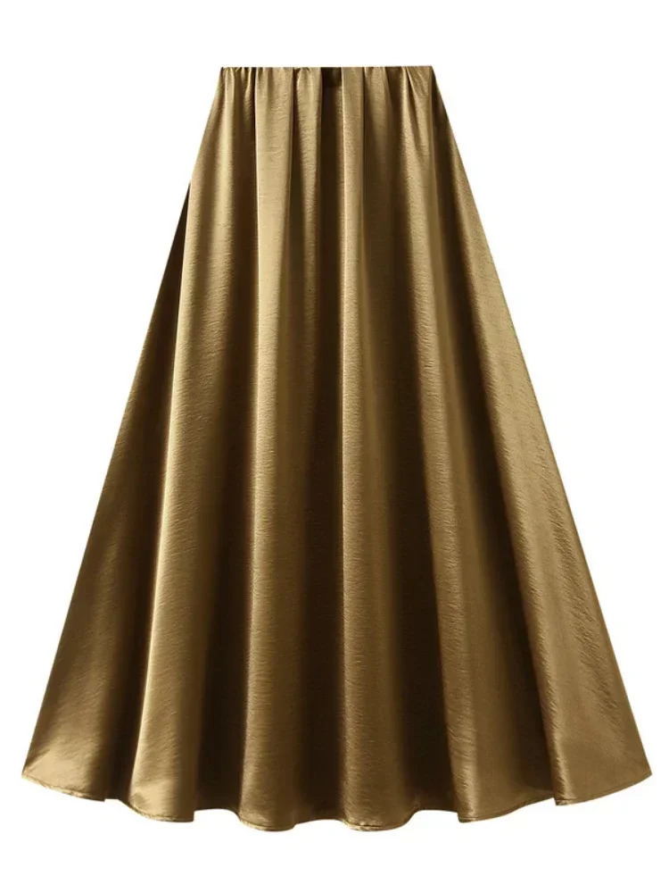 Spring 2025 Womens Long Elastic Waist Satin Aline Skiing Ladies Elegant Solid Loose Wrinkle Maxi Umbrella 250407