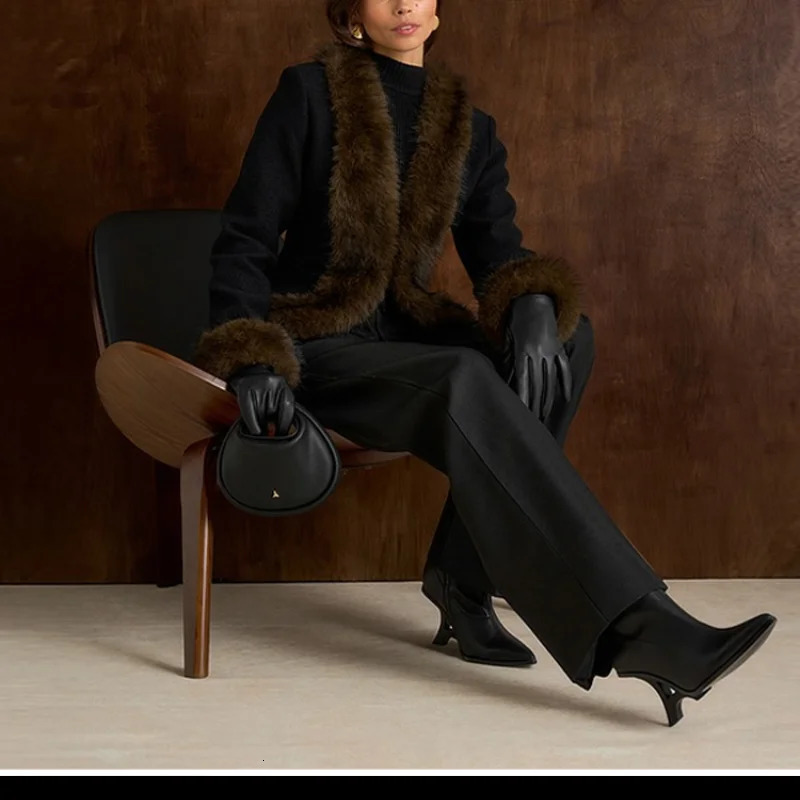 Womens Elegant Faux fur collar Patchwork Slim Coat Fashion High quality Long Sleeve Outerwear Lady Outwear 251105