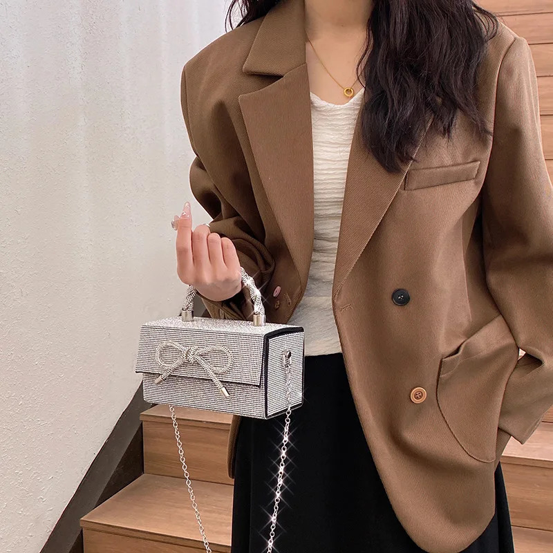 2025 Women Wedding Square Box Full Diamond Handbags High-end Rhinestone Bow Evening Clutch Bag Shiny Crossbody Bag R251110