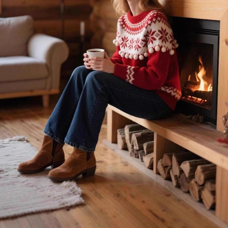 Women's Sweaters 2025 Christmas Sweater Atmosphere Hairball Contrasting Colors Autumn And Winter Crew Neck