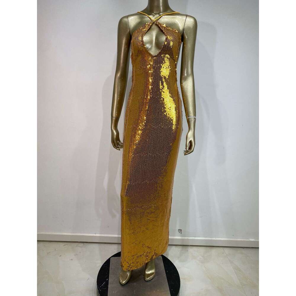 Hot Sale gold Sequin Night club maxi dress Halter Neck Hollow Out Backless Long Party Gown SEXY DRESSES FOR WOMEN