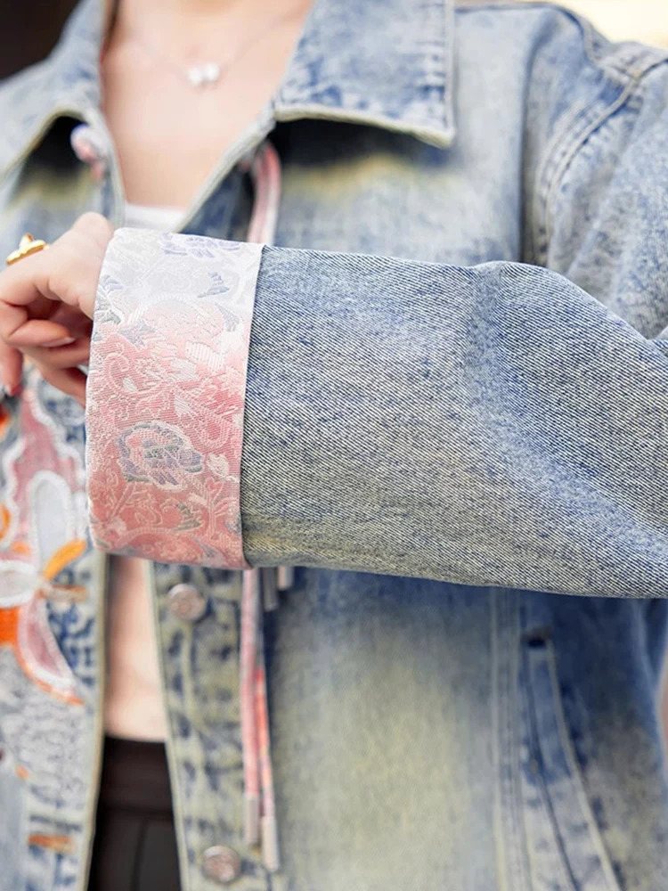 Spring Womens Denim Jacket and Coat Chinese Style Long Sleeve Embroidered Chinese Button Elegant Coat 250409