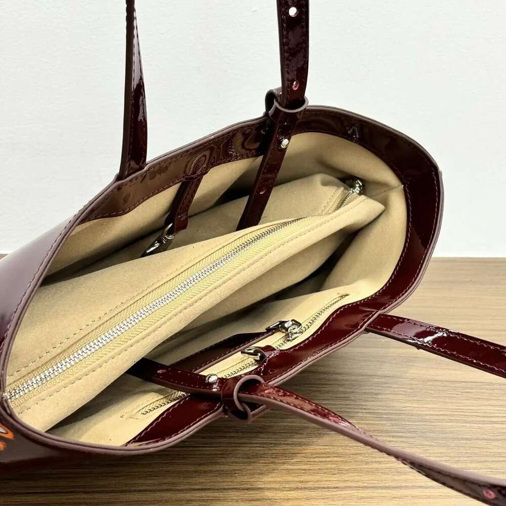 FIRMRANCH Simple Horizontal Square Design Urious Bright Patent Cowhide Leather Wine Red Women's Handbag Shoulder Underarm Bag